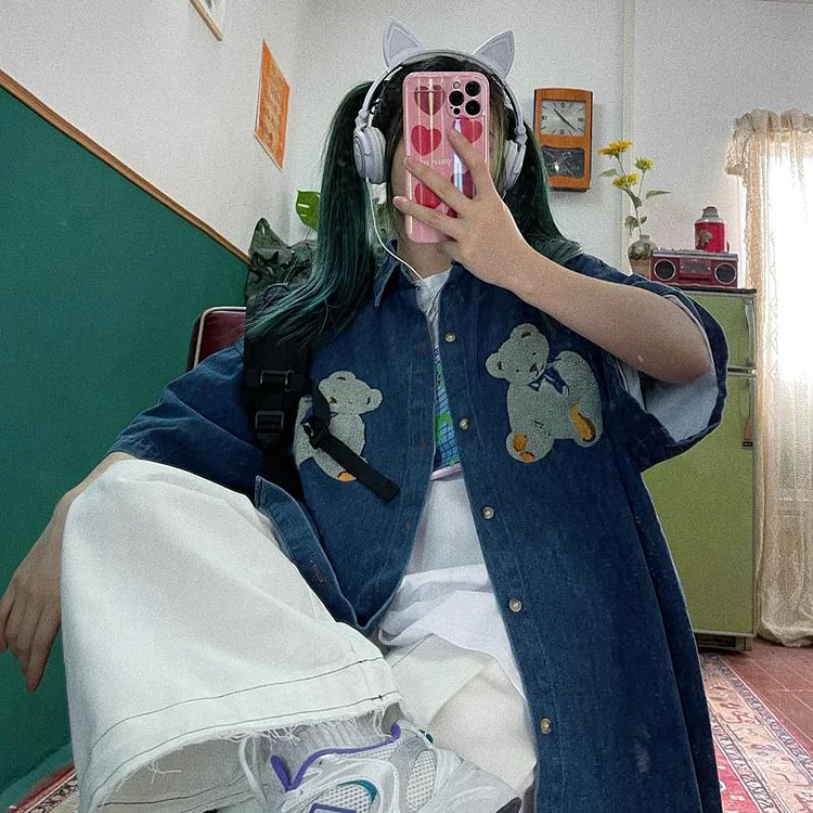 Korean Fashion Bear Embroidery Denim Shirt TK193