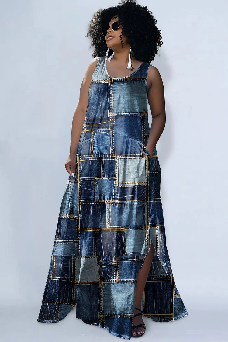 Xpluswear Design Plus Size Casual Blue Denim Print Round Neck Sleeveless Sundress Pocket Maxi Dresses [Pre-Order]