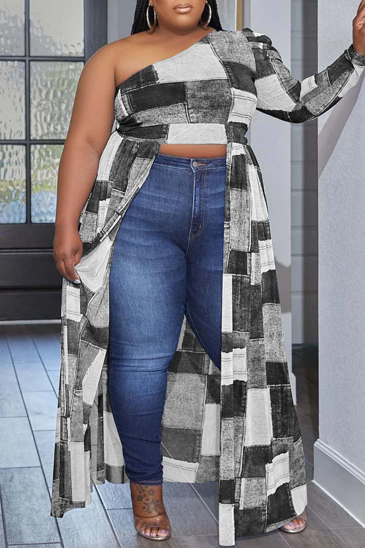 Black Casual Plaid Print Patchwork Asymmetrical Oblique Collar Irregular Dress Plus Size Dresses