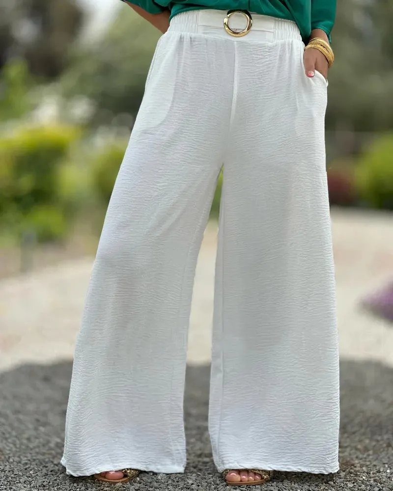 Gold Circular Buckle Detail Elastic Waistband Wide Leg Pants