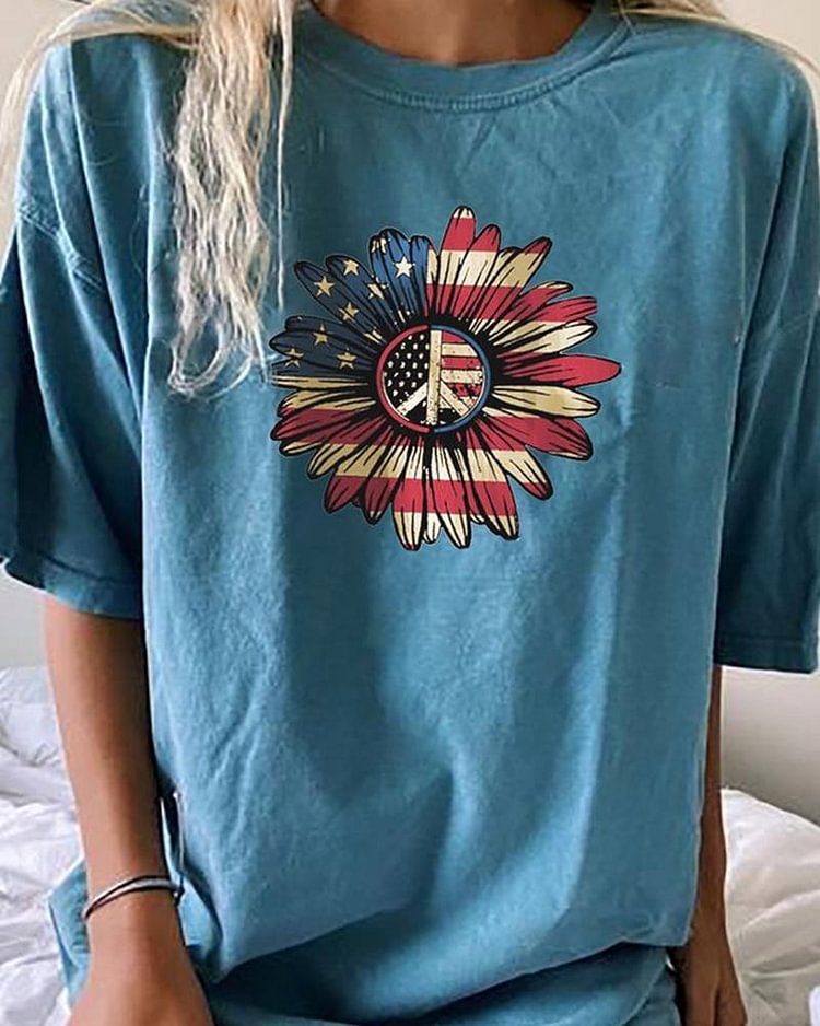 Independence Day Sunflower Print Short Sleeve T-shirt P12385