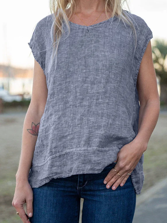 Loose cotton and linen round neck sleeveless simple women's vest top socialshop