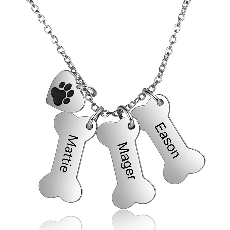 Personalized Dog Bone Necklace with Paw Charm Engraved 3 Names Pet Necklace