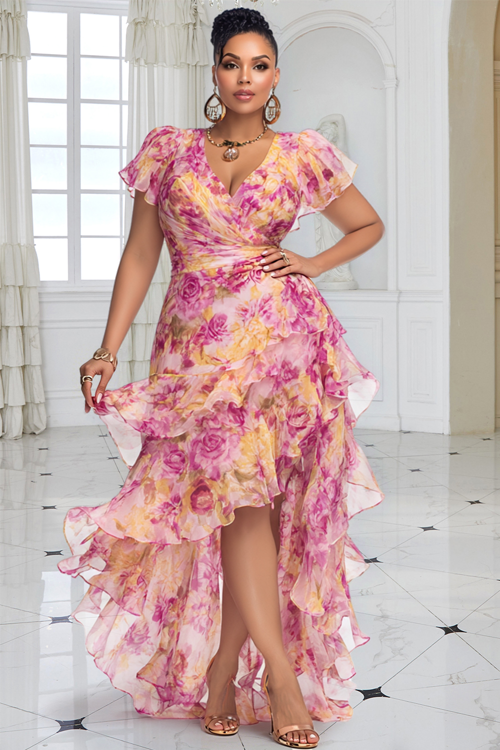 Xpluswear Design Plus Size Wedding Guest Pink Floral V Neck Short