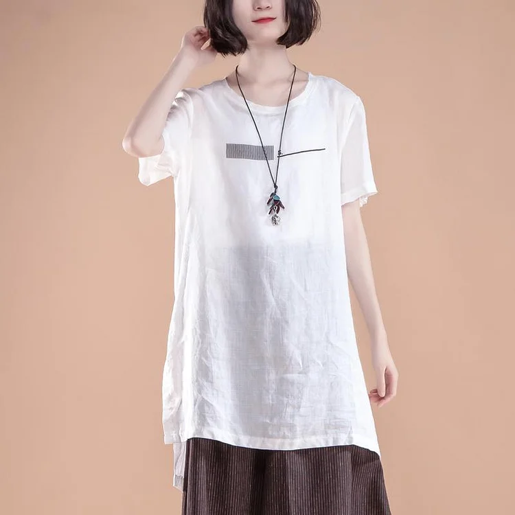 New linen tops plus size clothing Short Sleeve Slit Summer Casual White Women Tops