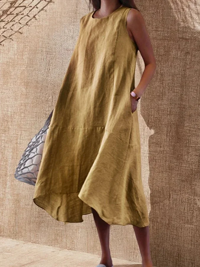 Women's Round Neck Pocket Sleeveless Casual Midi Dress