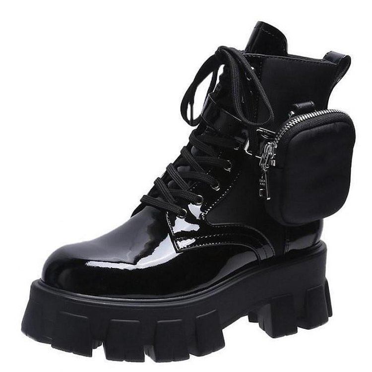 Platform Boots Women Heels Patent Leather Ankle Boots For Women Boots With Bag Buckle Womens Shoes Mujer Cross-tied - BlackFridayBuys