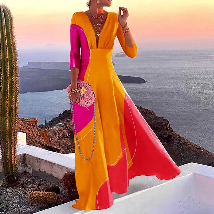 Vefave Fashion Colorblock Long Sleeve Maxi Dress