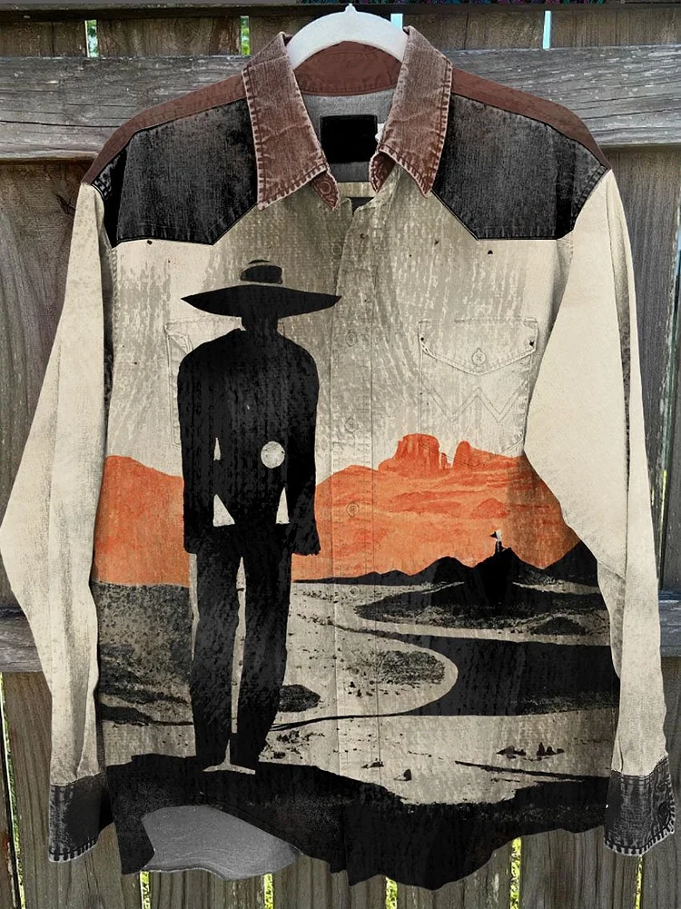 Men's Cowboy Art Vintage Stripe Print Casual Shirt