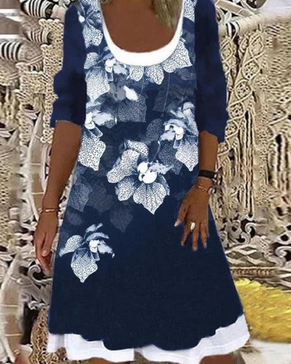 Long Sleeve Loose Casual Fall/winter Patchwork Print A Line Dress - Chicaggo