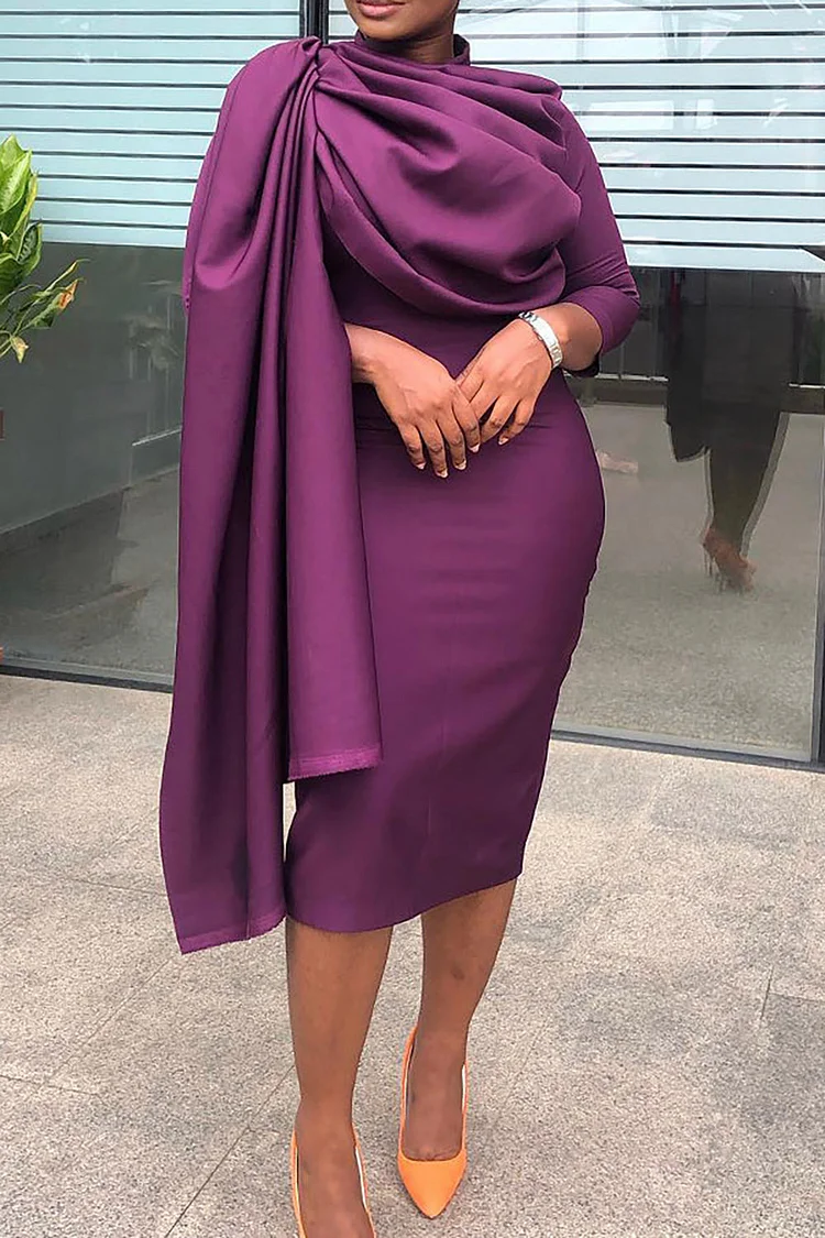 Plus Size Semi Formal Midi Dresses Elegant Purple   Mock Neck 3/4 Sleeve Satin Midi Dresses