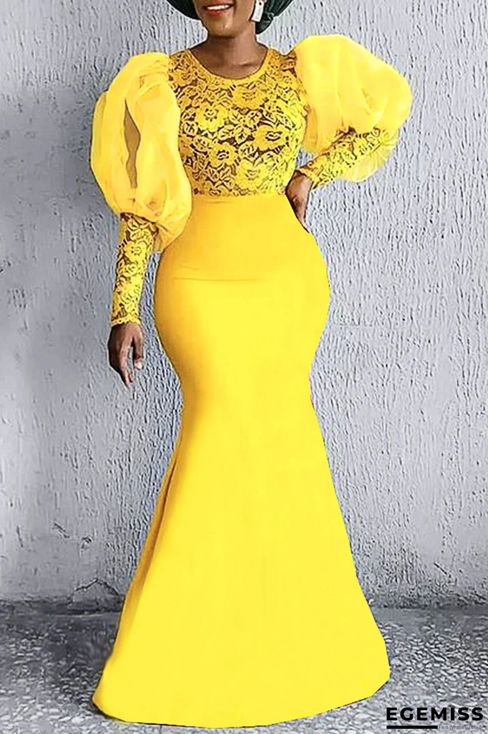 Yellow Fashion Formal Solid Patchwork See-through O Neck Evening Dress | EGEMISS