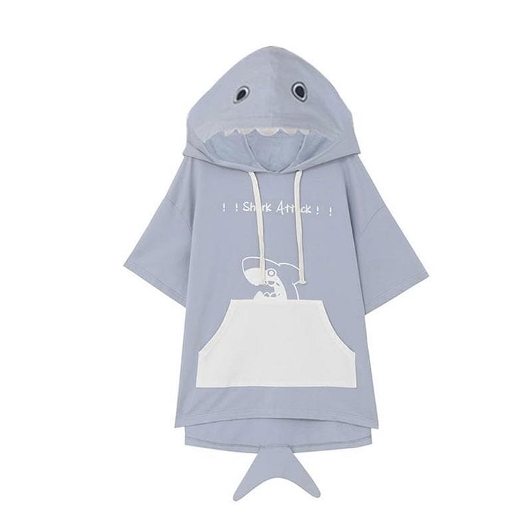 Light Blue Shark Print Sweet Cute Girl Hooded T-Shirt SS1129
