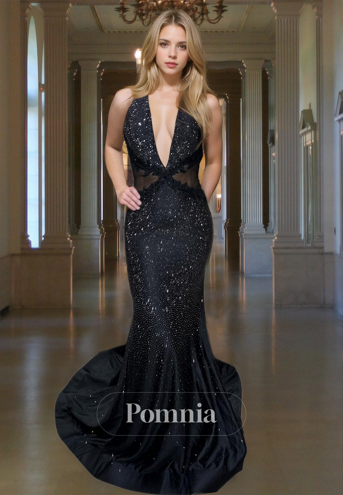slim fit dress slacks Luuvis Women Blue Corset Prom Dress Chic Mermaid Halter Neck Formal Dress  with Pearls Split Front main image 1