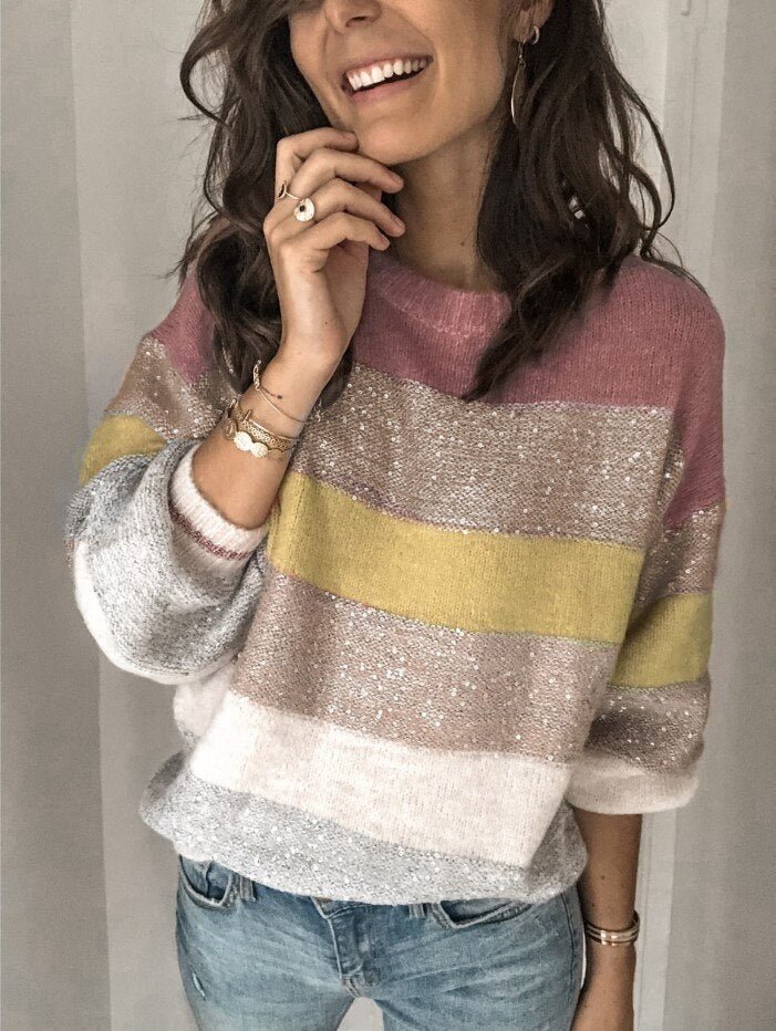Autumn Winter Women's Sweater Oversize Warm Cashmere Pullovers Turtleneck Thick Loose O-neck Stripes Sweaters for Women - BlackFridayBuys