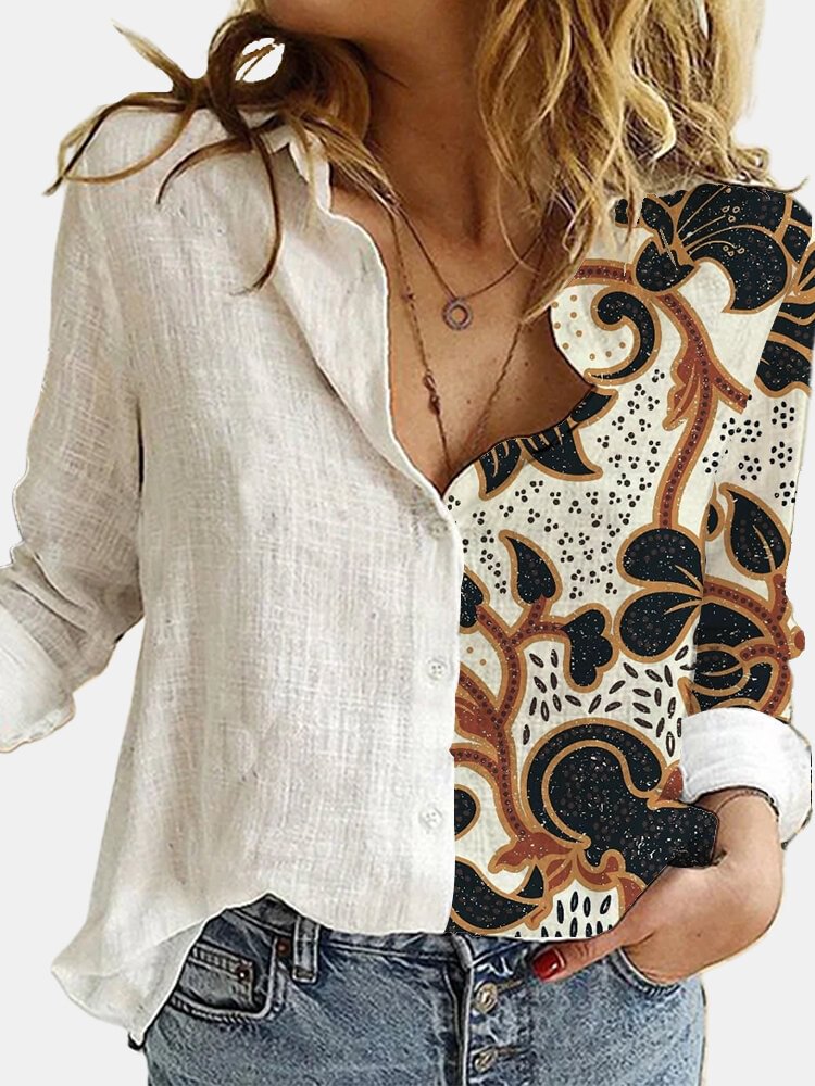 Vintage Printed Long Sleeve Turn down Collar Patchwork Blouse For Women P1745333