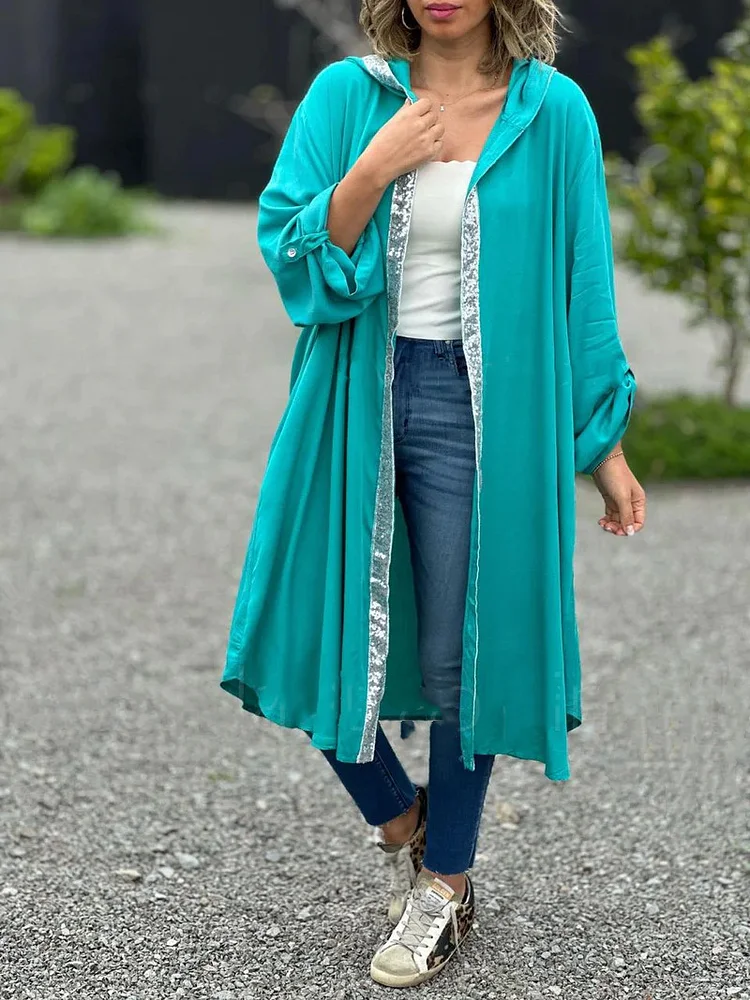 Solid Color Loose Casual Hooded Long Sequins Coat Shirt Wholesale