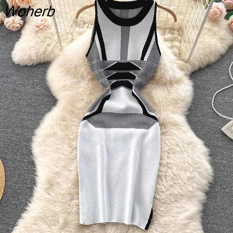 Woherb Fashion Y2K Geometric Knitted Women Dress 2023 Autumn Winter Elegant Wrap Hips Short Office Dress Brand Party Vestidos