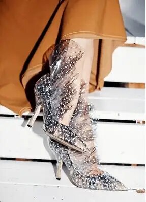 VCSHOES Hot Woman Dot Print PVC Mesh Pointed Toe Thin Heels Party Pumps Ruffles Shoes Lady