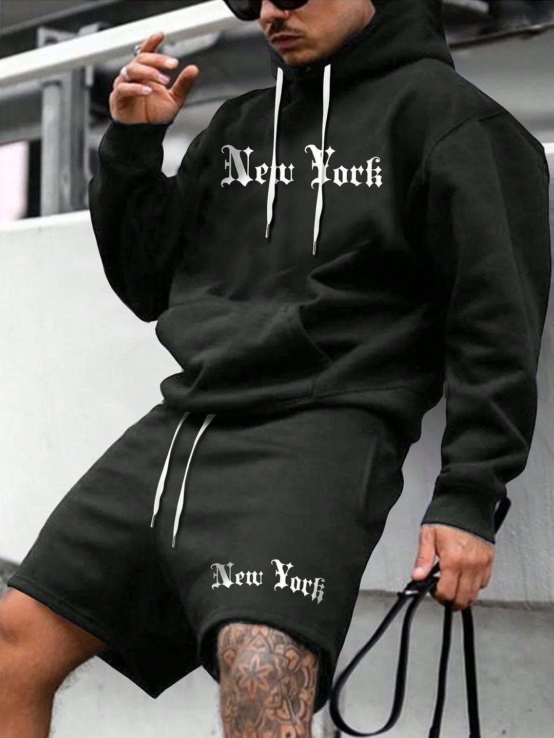 NEW YORK Letter Printed Hoodie and Shorts Black Suit