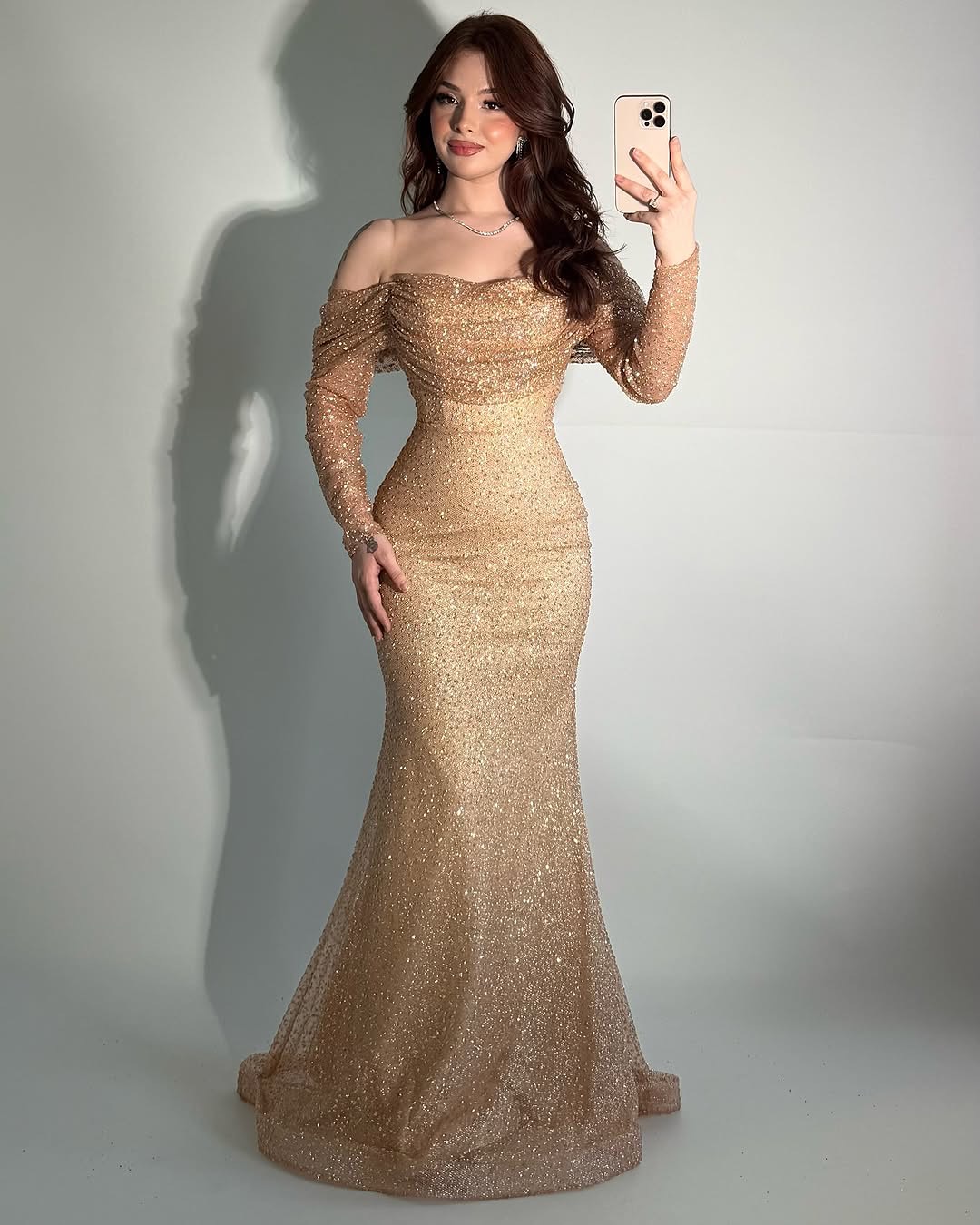 Glamorous Champagne Off-The-Shoulder Long Sleeves Pleated Mermaid Prom Dress  YK0262