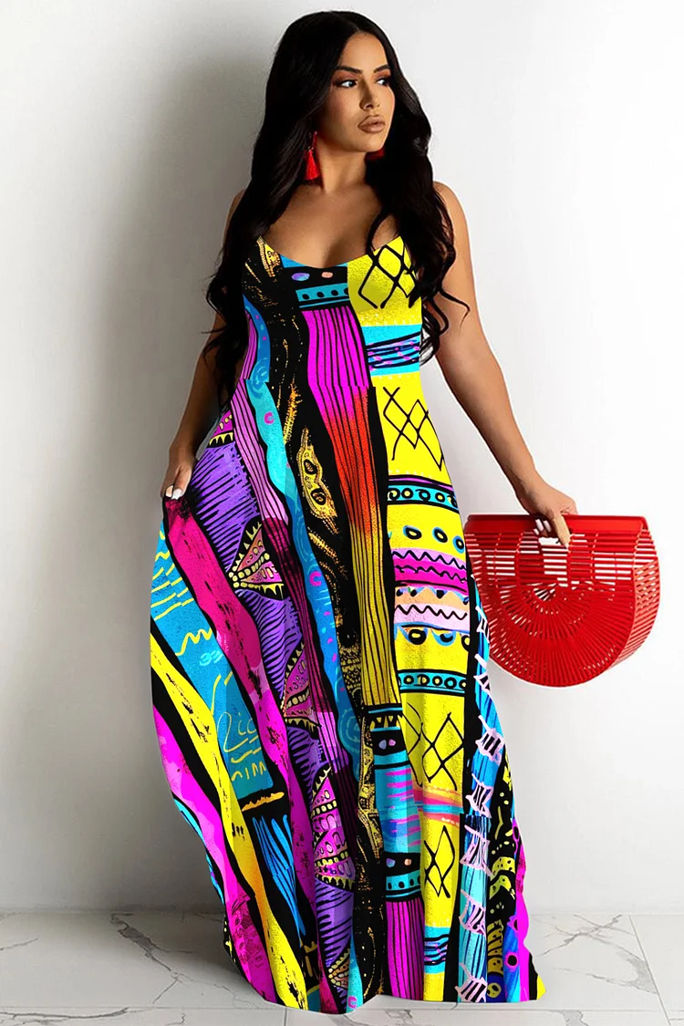 Xpluswear Design Plus Size Vacation Multicolor Ankara V Neck Cami Pocket Sundress Maxi Dresses 