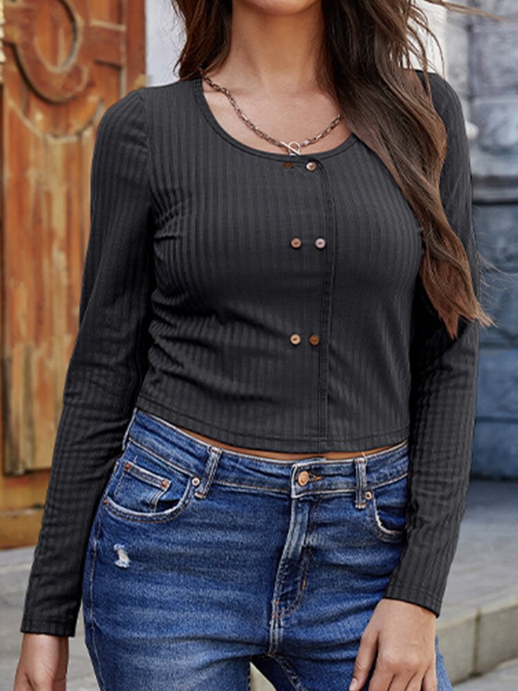 Solid Color Button O neck Long Sleeve Casual T shirt for Women P1799434