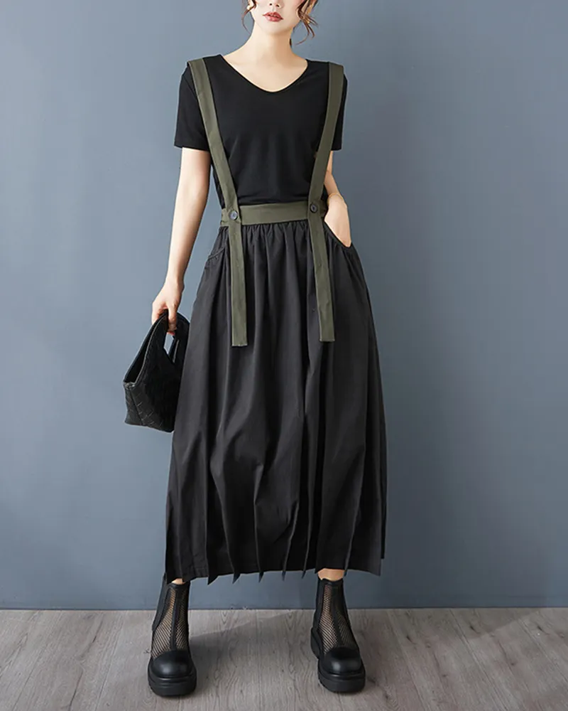 Pleated Design Side Pockets A-Line Overall Skirt