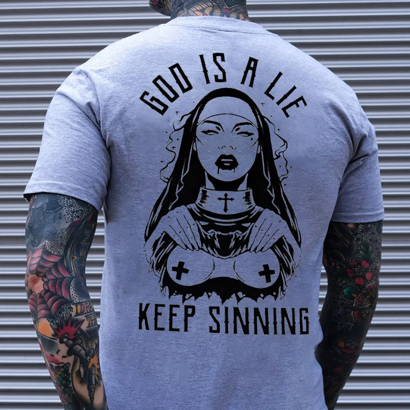 GOD IS A LIE KEEP SINNING Nun Graphic White Print T-shirt