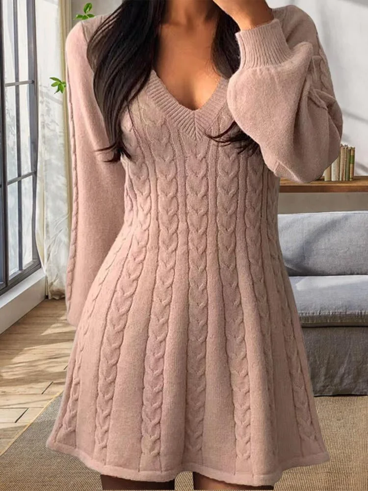 Waist-cinched Lantern Sleeve Word Knitted Sweater Dress socialshop
