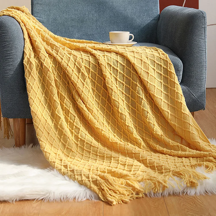 Ownkoti Knitted Prismatic Pattern Blanket with Tassels