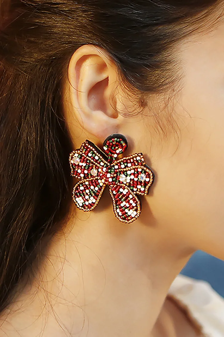 Bow-Shaped Beading Handmade Christmas Dangle Earrings-Red