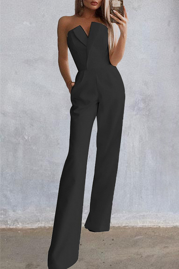 Casual Solid Patchwork Strapless Boot Cut Jumpsuits
