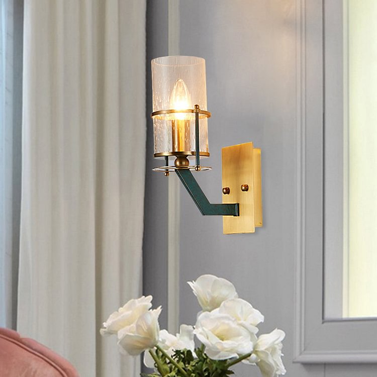 1 Bulb Wall Sconce Lighting Vintage Indoor Wall Mount Lamp Fixture with Cylinder Seeded Glass Shade in Brass