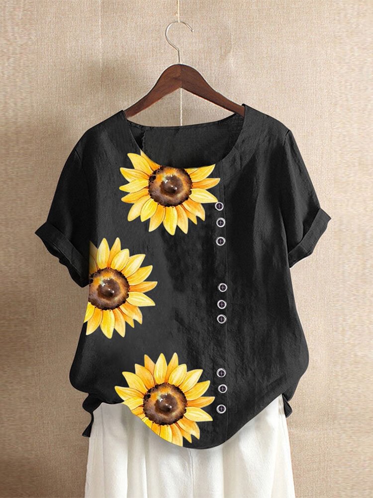 Women Flower Print O neck Button Loose Short Sleeve Casual T Shirt P1844255