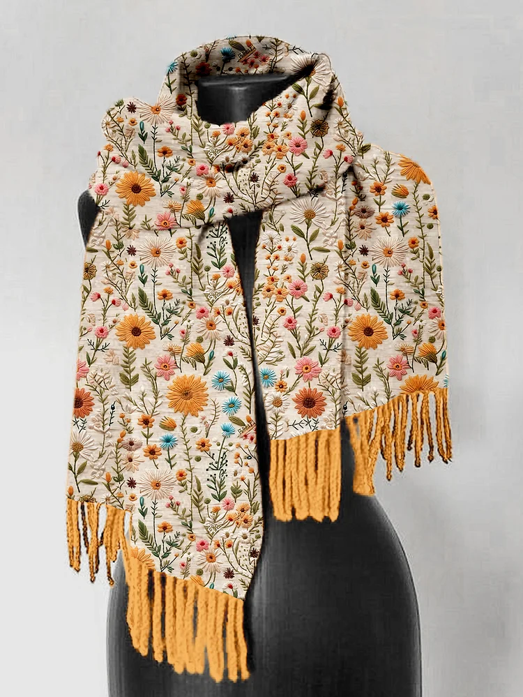 Comstylish Wildflower Embroidered Comfy Tassel Scarf