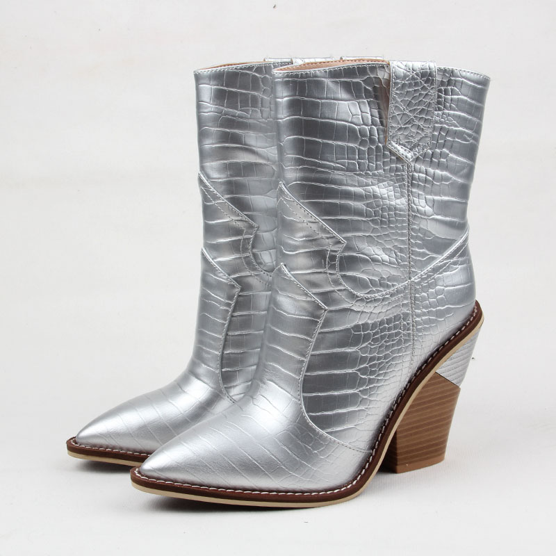 TAAFO Strange Heel Cowgirl Med Calf Boots Women Western Boots Crocodile Grain Shoes Cowboy Boots