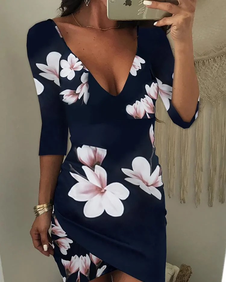 Asymmetric Floral Print Open Back Bodycon Dress P10058