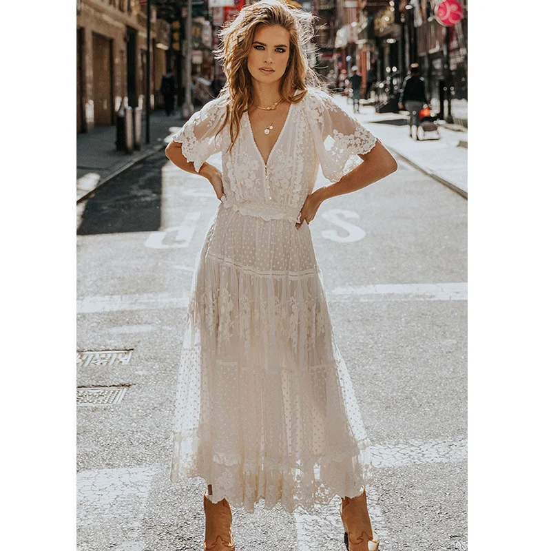 V-neck Short Sleeve Lace Dress White Dresses-JRSEE