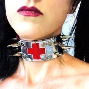 pornhint Pornhint Metallic Spiked Robot Nurse Collar, Red Cross Choker, Robot Medic Costume, Medical Fetish Collar, Custom Size, Free US Shipping
