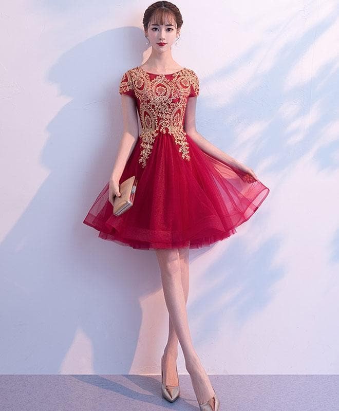 Burgundy Tulle Lace Short Prom Dress, Burgundy Lace Homecoming Dress