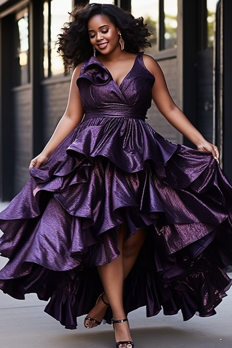Xpluswear Design Plus Size Party Midi Dresses Elegant Purple V Neck Asymmetric Hem Satin Tiered  Midi Dresses 