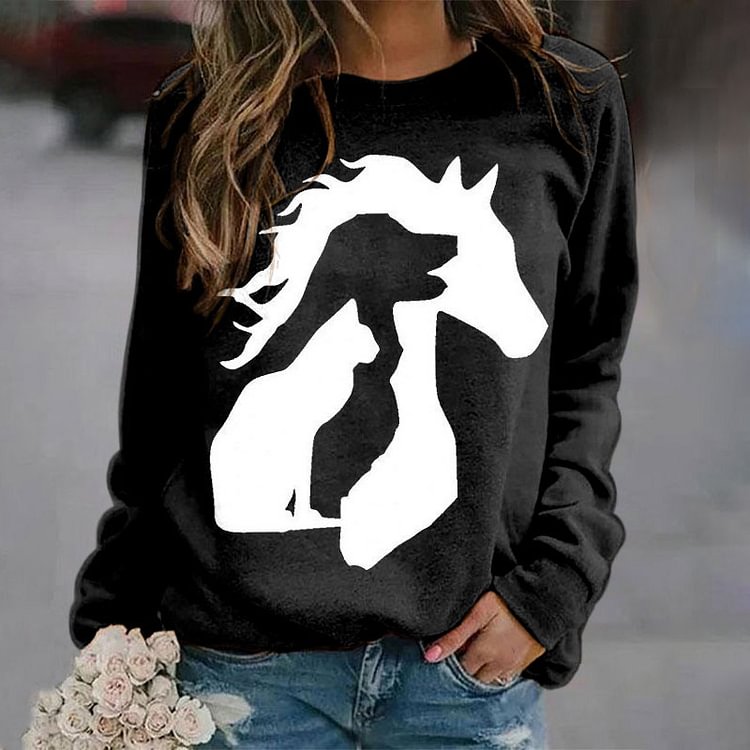 Vefave Horse Dog And Cat Silhouette Print Sweatshirt