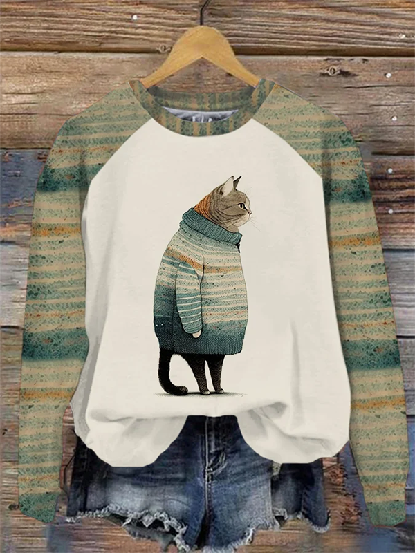 Women's Winter Clothes Cat Print Pattern Raglan Sleeve Casual Sweatshirt