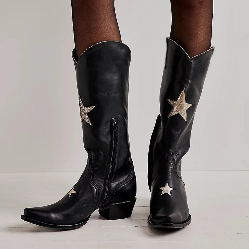 Black Snip Toe Glitter Star Mid-Calf Cowgirl Boots with Chunky Heel Nicepairs