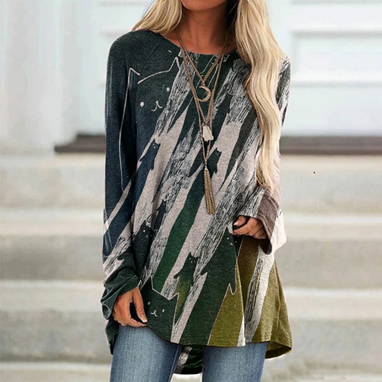 Vefave Casual Cartoon Meteor Cat Print Long Sleeve Tunic