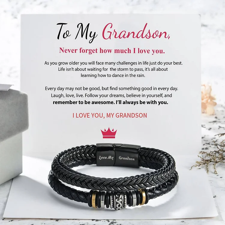 To My Grandson I Will Always Be With You Braided Leather Bracelet- 6.3 Inches