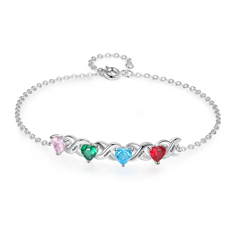 Family Custom Bracelet Heart Personalized with 4 Birthstones