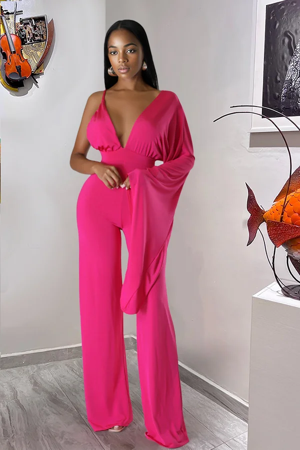 Deep V Neck Single Long Sleeve High Waist Straight Leg Jumpsuit
