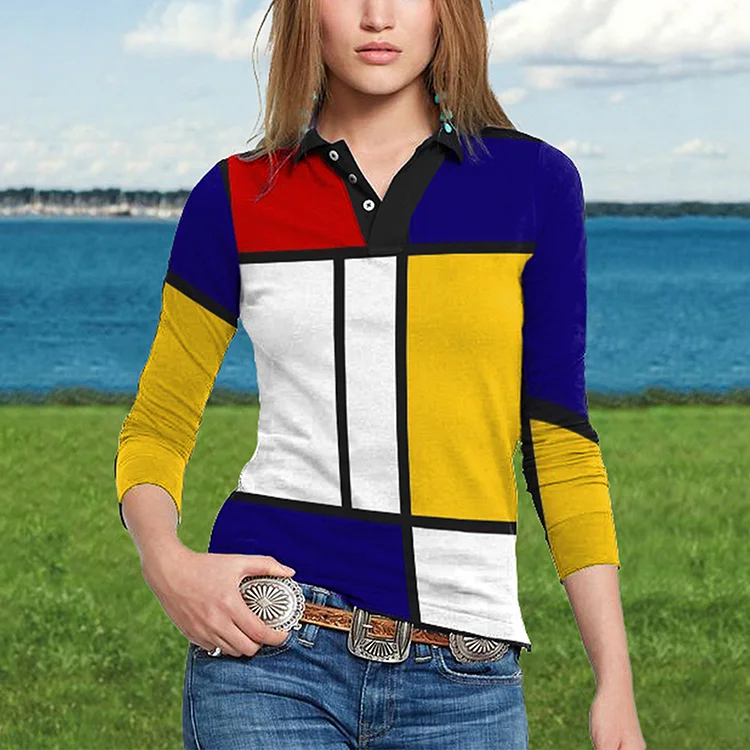 Vefave Commuter Geometric Print Long Sleeve Polo Shirt
